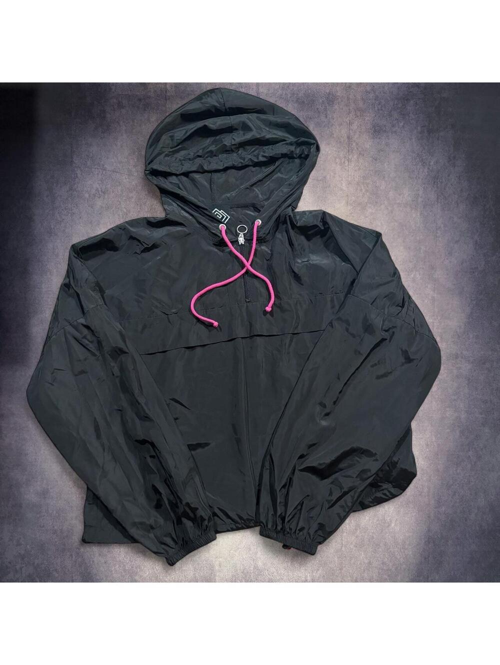 Zelos lightweight black windbreaker jacket with pink drawstrings
